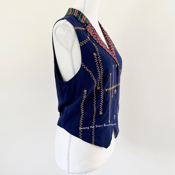 Extremely Rare 90s Vintage Mixed Print Navy Vest ASO Phoebe Buffay in Friends - Picture 11 of 13